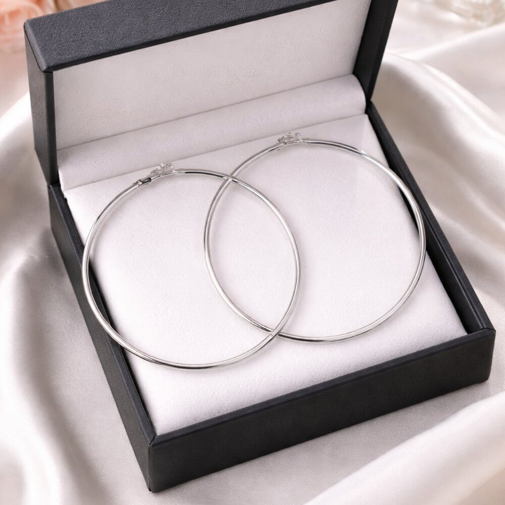 Large Silver Hoop Earrings 70mm, Boho Circle Hoops, Lightweight Statement Earrin